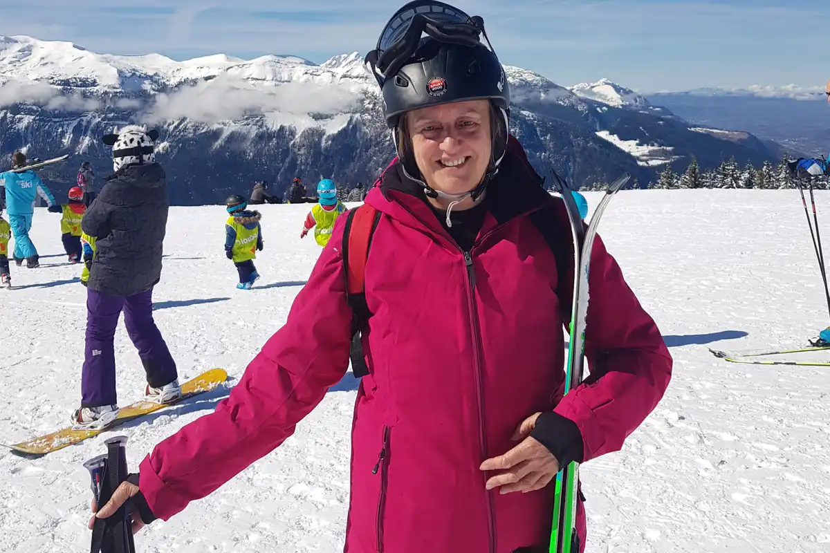 Learning to ski in my 60s - me on the slopes at Les Carroz!